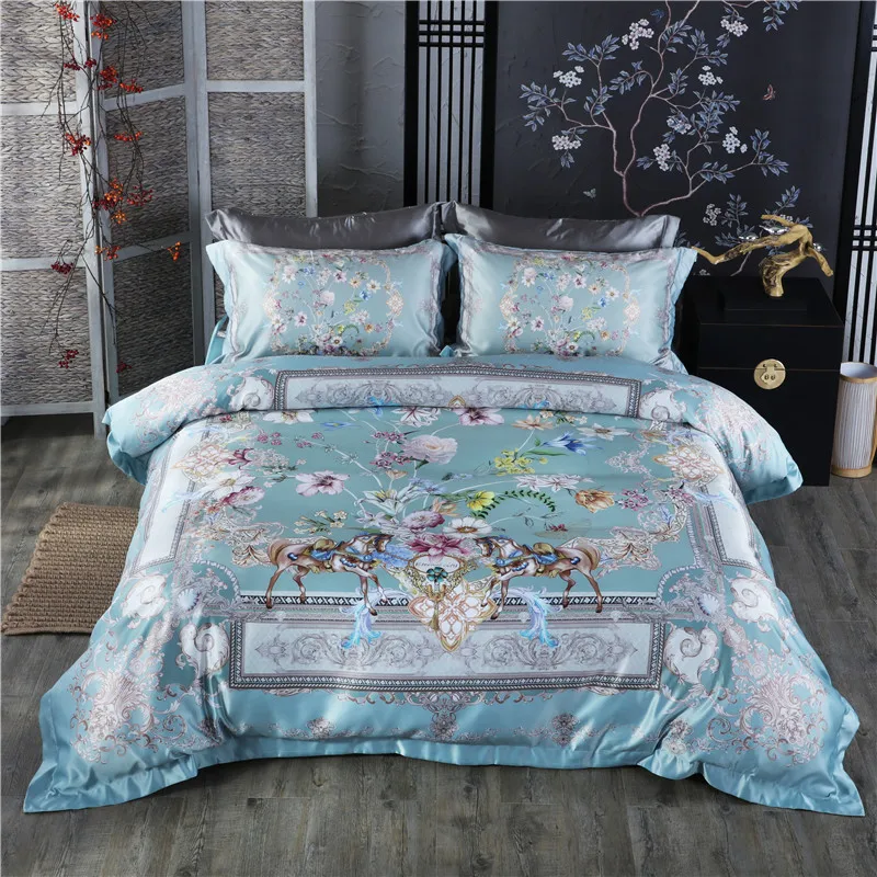 

Luxury Flower pattern 3D Digital Printing silk Comfortable Bedding Set Duvet Cover Bed Linen Bed sheet Pillowcases 4pcs