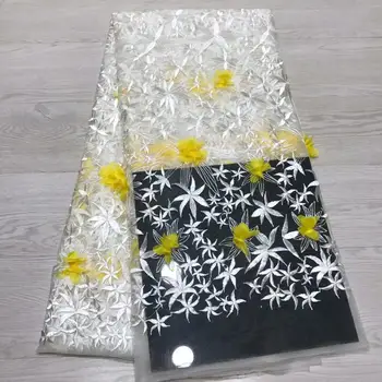

2019 Net Lace for African with 3 D Flowers Lace Fabrics with Free Shipping, 3D Applique Tulle Lace Fabric Yellow White Green