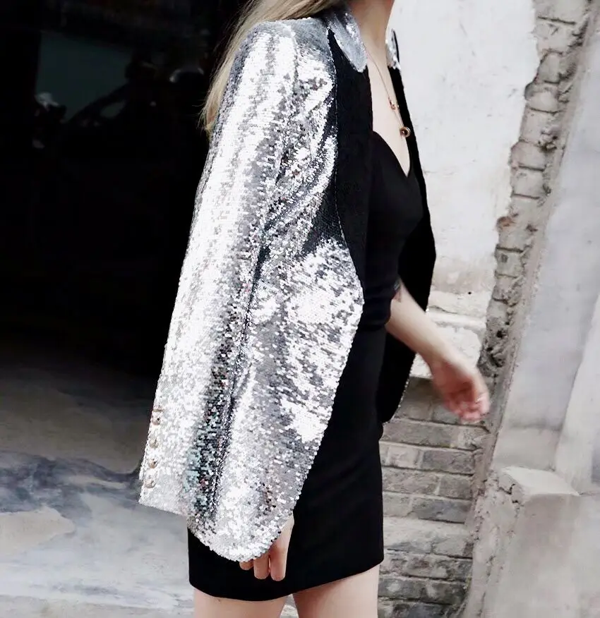 awesome  New ZLY Spring and Summer New Women s Fashion Sequins Long Suit Jacket Slim Night Club Coats