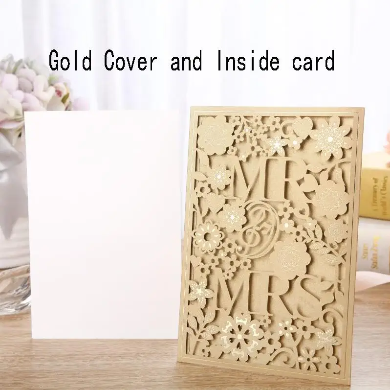 50pcs White Gold Blue Laser Cut Wedding Invitations Card MR&MRS Elegant Greeting Cards Envelopes Wedding Party Favors Decoration - Цвет: Cover and Inner Card