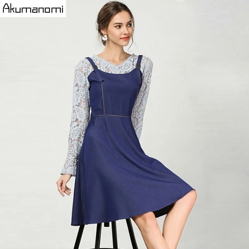 

Autumn Lace Patchwork Dress Fake Two Pieces Women Clothing V-neck Flare Full Sleeve Spring Dress Plus Size 5xl 4xl 3xl 2XL Xl-M