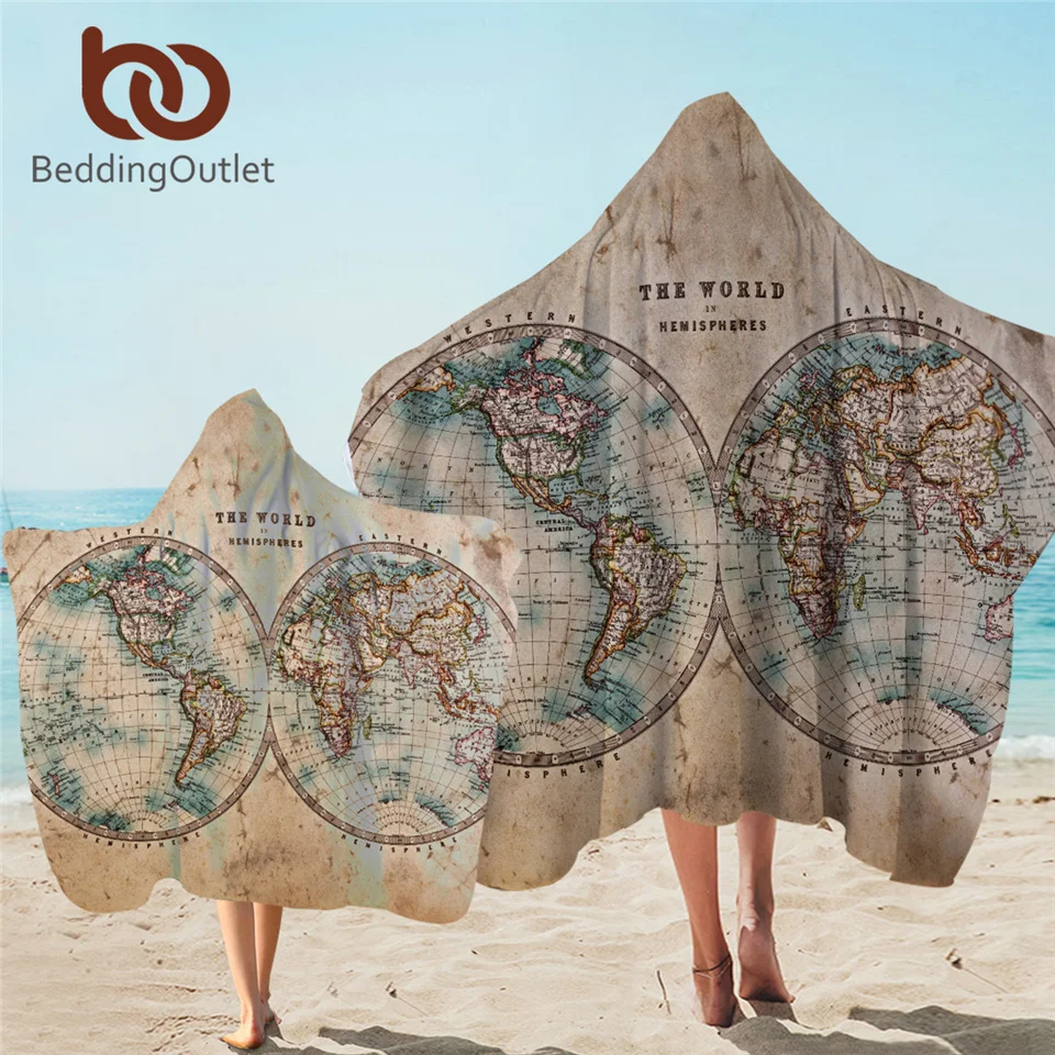 

BeddingOutlet World Map Hooded Towel Geography Bathroom Adult Towel With Hood Hemisphere Map Microfiber Wearable Beach Towel