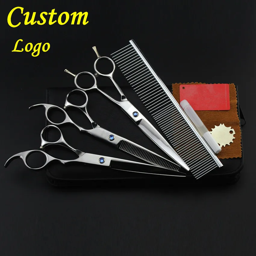 Custom Logo 4 kits pet 7 inch shears dog grooming hair scissors set cutting thinning curved barber clipper hairdressing scissors