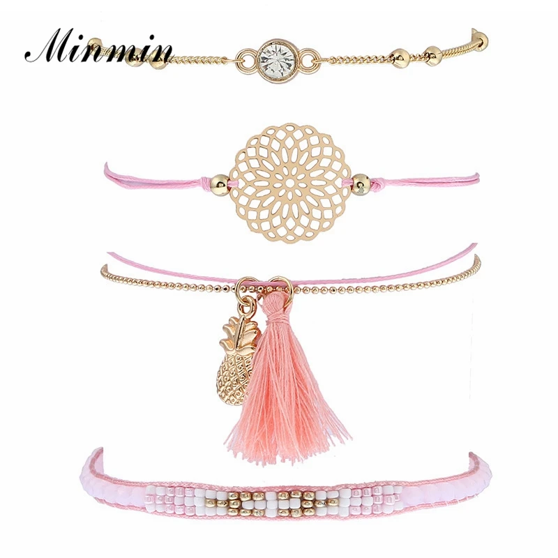 

Minmin 4 Pcs/Set Pineapple Tassel Charm Bracelet Pink Resin Beads Crystal Bracelet Set for Women Retro Weave Jewelry 2019 MSL409