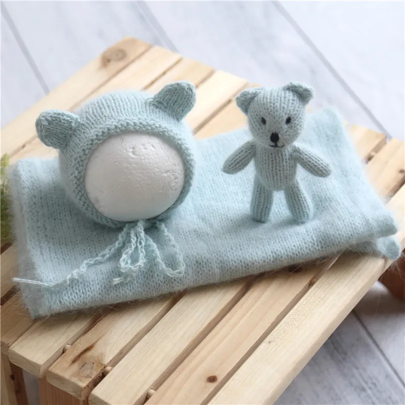 

Angora Bonnet Newborn Knit Teddy Bear Hat Toy Matching Wrap Set Photography Prop Classic Fluffy Animal Bonnet Stuffer filler Toy