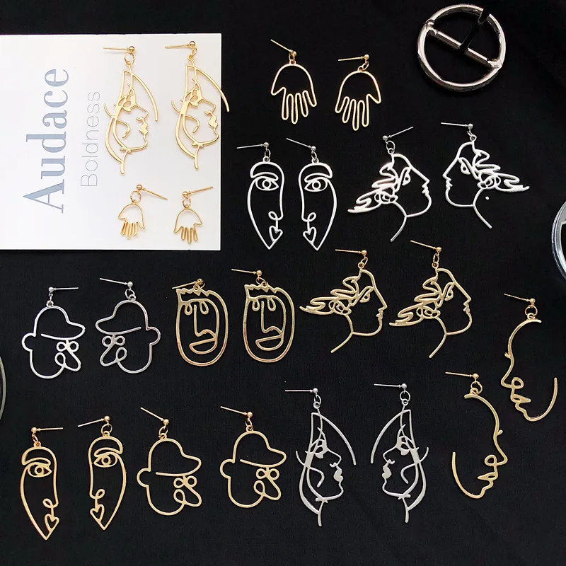 Punk Human Face Drop Earrings For Women Retro Abstract Hollow out Statement Hand Metal Fashion Dangle Earring Jewelry
