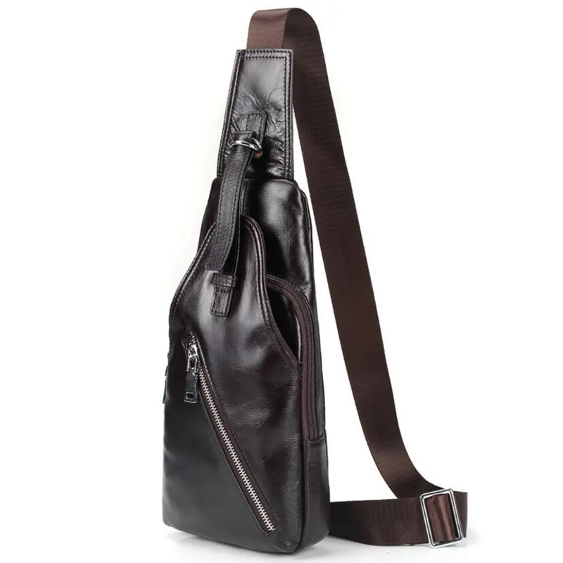 ФОТО New Brand Zipper Open Shoulder Bag Genuine Leather Mens Chest Bags Fashion Travel Crossbody Bag Man Messenger Bag