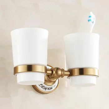 

European Vintage Bathroom Toothbrush Double Glass Tumbler Holders Wall Mounted Aluminum