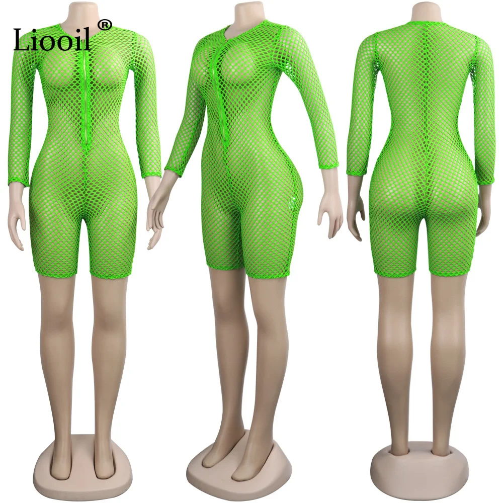 Liooil зеленый сетчатый сексуальный комбинезон колготки прозрачные цельные наряды женские сексуальные костюмы V образным вырезом на молнии комбинезон для вечеринки в клубе