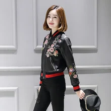 2016 New Flower Embroidery Print Baseball Leather Jacket Black Outfit Women Faux Soft Leather Jackets Pu Zip Coat Bomber Jacke