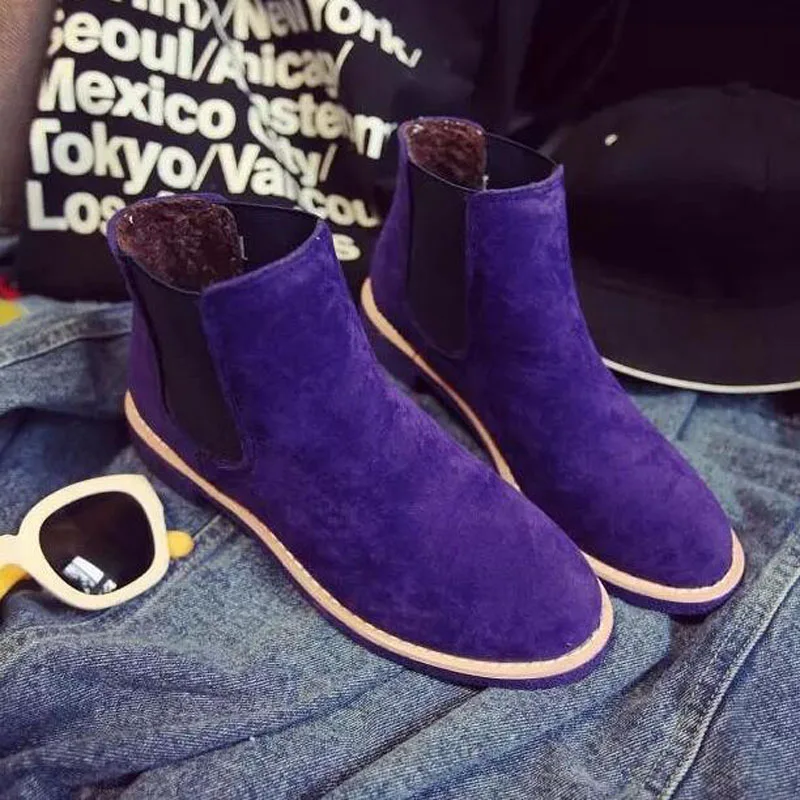 

2016 New Arrival Women Casual Nubuck Leather Flat Martin Boots Slip-on Round Toe Ankle Short Boots Spell Color Shoes Size 35-39
