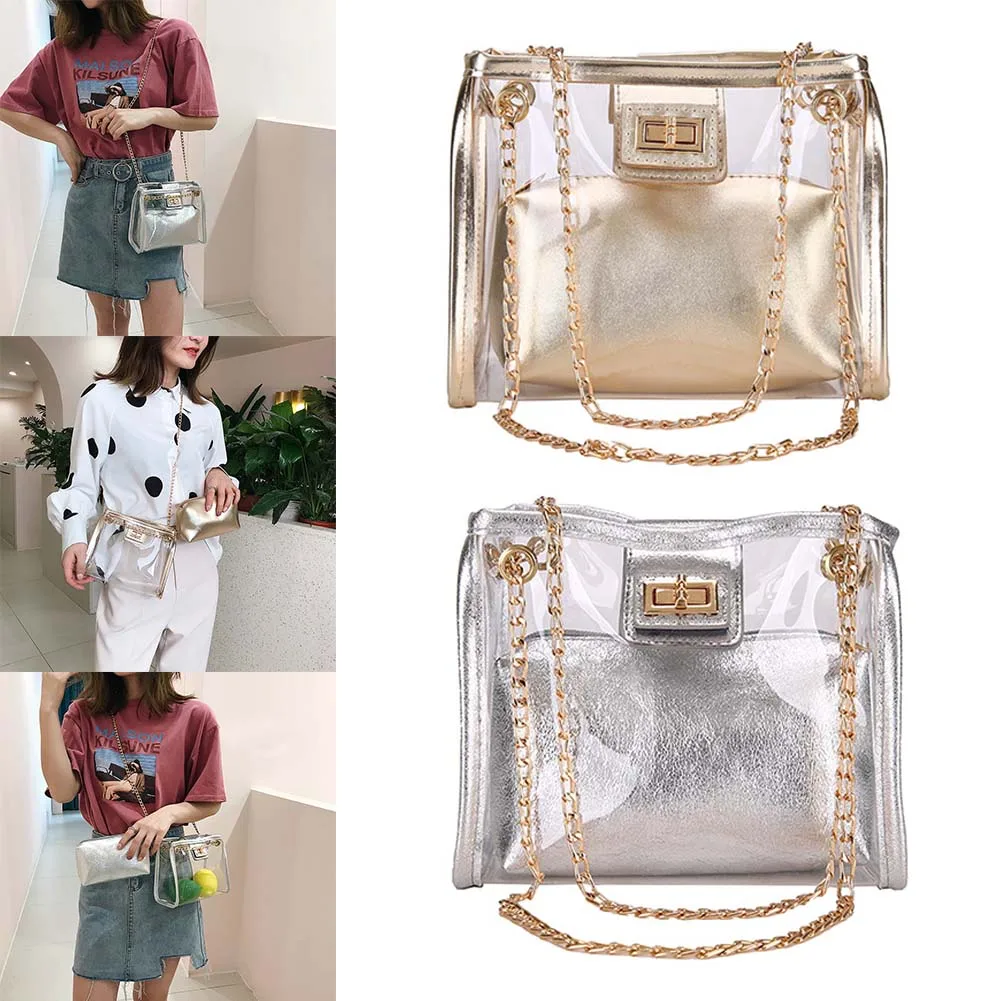 

2019 New Clear Purse 2 in 1 Tote Transparent Bag Top Ring Handbag Golden Chain PVC Shoulder Bag WML99