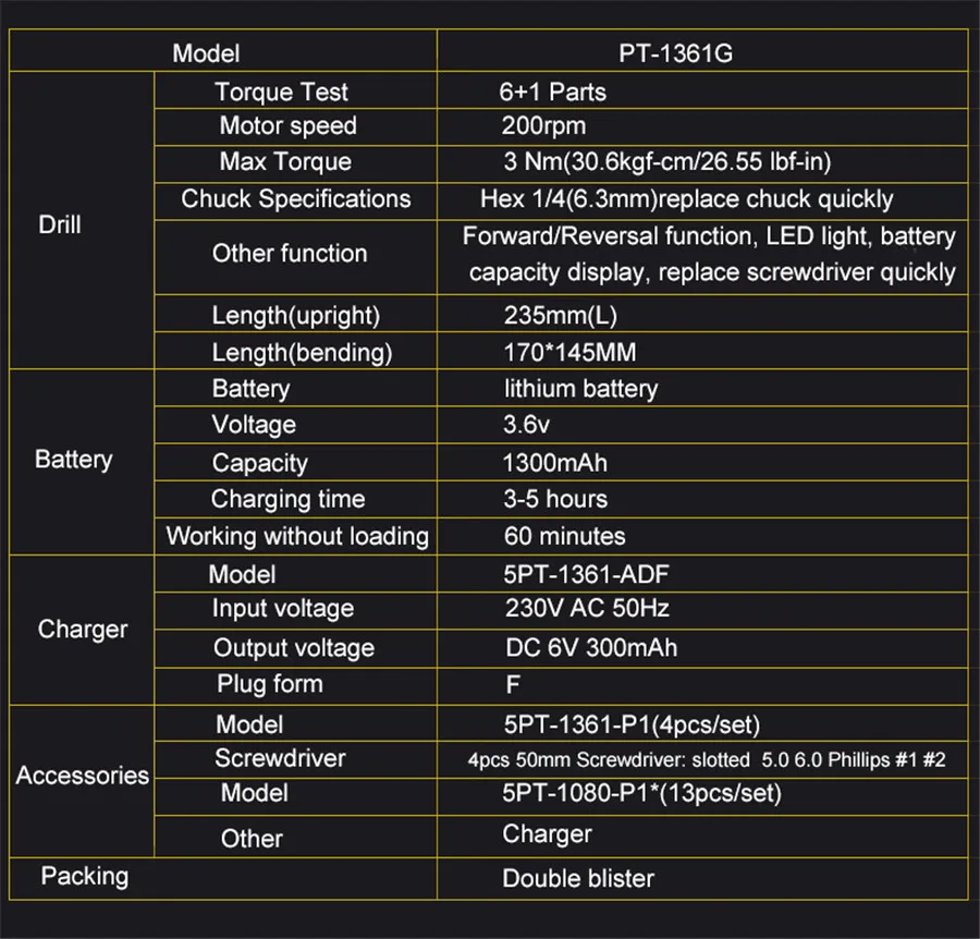 PT-1361G лития электрический отвертка Перезаряжаемые сверла щелевой Phillips электродрель Мощность инструменты