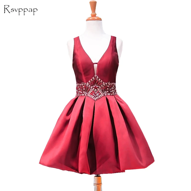 

Sweet A-line V-neck Sheer Back Beaded Crystals 8th Grade Prom Dresses Short Burgundy Party Homecoming Dress 2019