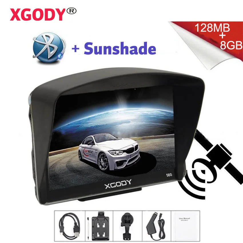 

Xgody 560 5'' Car Gps Navigator Bluetooth Navigation 128mb 8GB Vehicle Gps Navigator With Sunshade 2017 Map Russia Navitel 2016