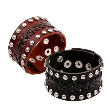 

2018 Vintage Jewelry Mens Wide Leather Bracelets Punk Rock Style Stainless Steel Round Rivet Motorcycle Biker Bracelet & Bangle
