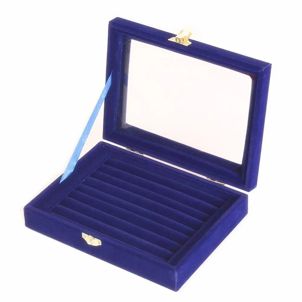Разноцветные на выбор 7 слотов бархатное стекло Кольцо Дисплей Коробка ювелирных изделий держатель для хранения Чехол Органайзер - Цвет: Blue
