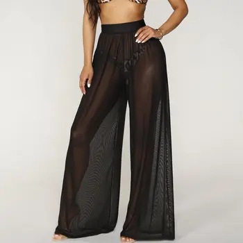 

Transparent Black Color Mesh Wide Leg Pants Women Summer 2019 Streetwear High Waist Pants Elastic Casual Loose Long Trousers