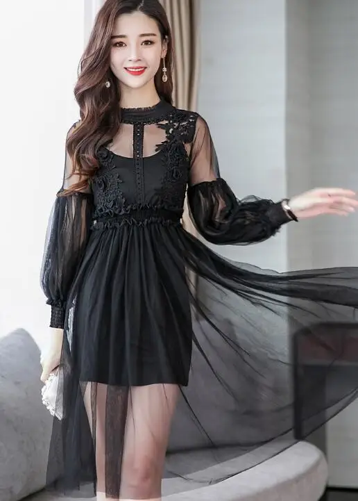 

High quality 2018 Autumn New Arrival Princess Style Fashion Round Collar Long Sleeve Lace Lantern Sleeve Woman Gauze Dress