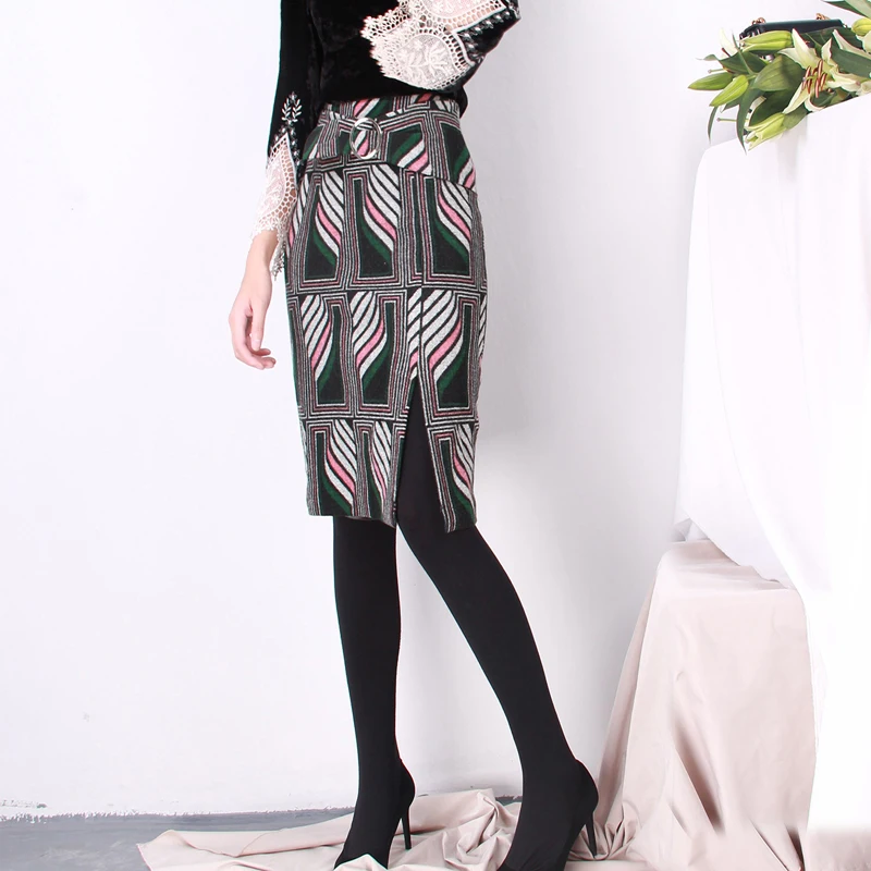 

Free Shipping 2019 New Fashion Elegant Knee Length Women Skirts Pencil S-2XL High Waist Winter Warm Thick Wool Print Skirts