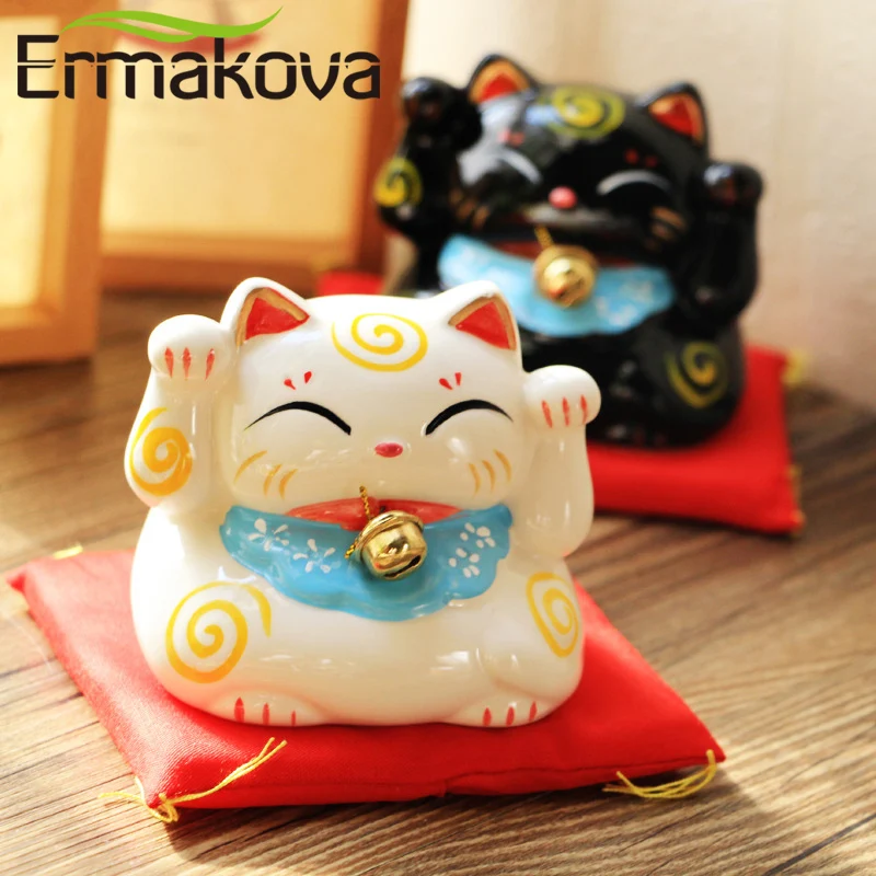 

ERMAKOVA 3 Inch Ceramic Lucky Cat Piggy Bank Porcelain Ornament Fortune Cat Money Box Craft Birthday Gift Home Office Decoration