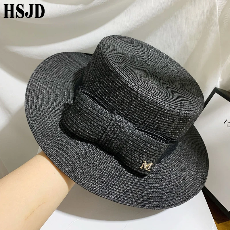 French Straw Flat Top Bow Female Sun Hats M Panama Elegant Wide Brim Anti-UV Beach Hat Women's Summer Sun Cap Gorras