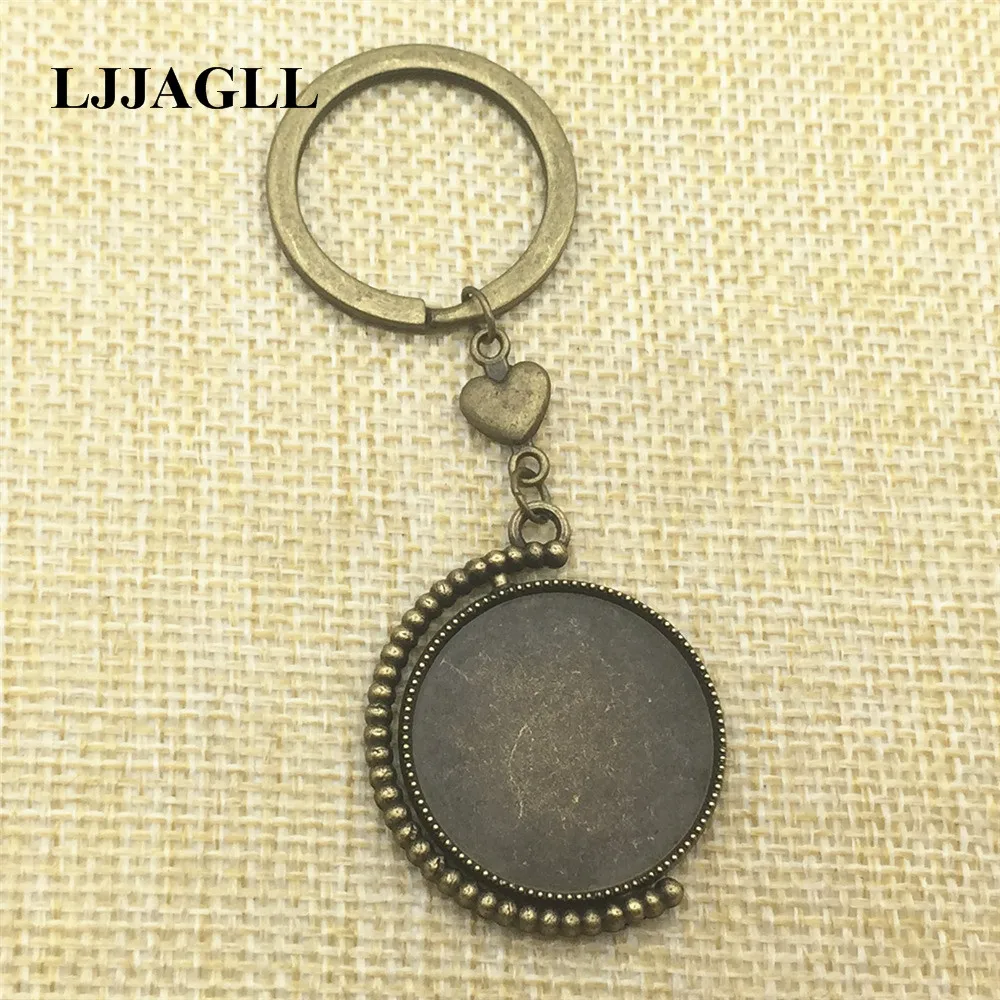 Antique bronze Love Heart Keyrings 3pcs 25mm Rotation Cameo Base Double