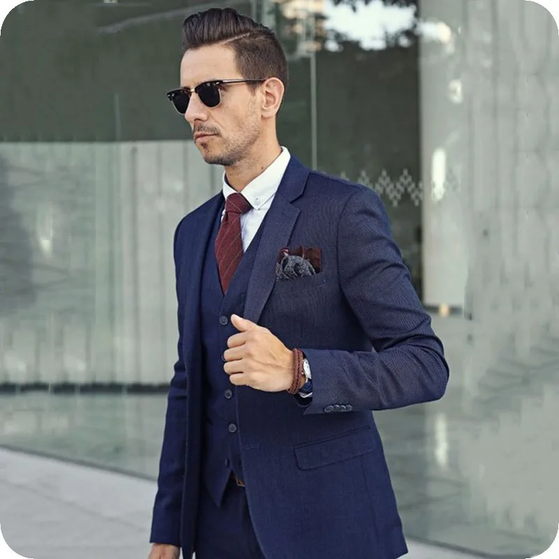 

Custom Made Formal Business Navy Blue Men Suit Slim Fit Groom Wedding Tuxedos 3Pieces Jacket Pants Vest Man Blazer Costume Homme