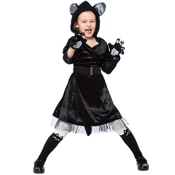 

New Halloween Children's Day Black Cat Skirt Performance Clothes and Adorable Black Cat Animal Role Play Costume L1862111