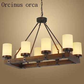 

American country creative Candlestick chandelier Restaurant Bar retro industrial wind antique wooden rectangular chandelier