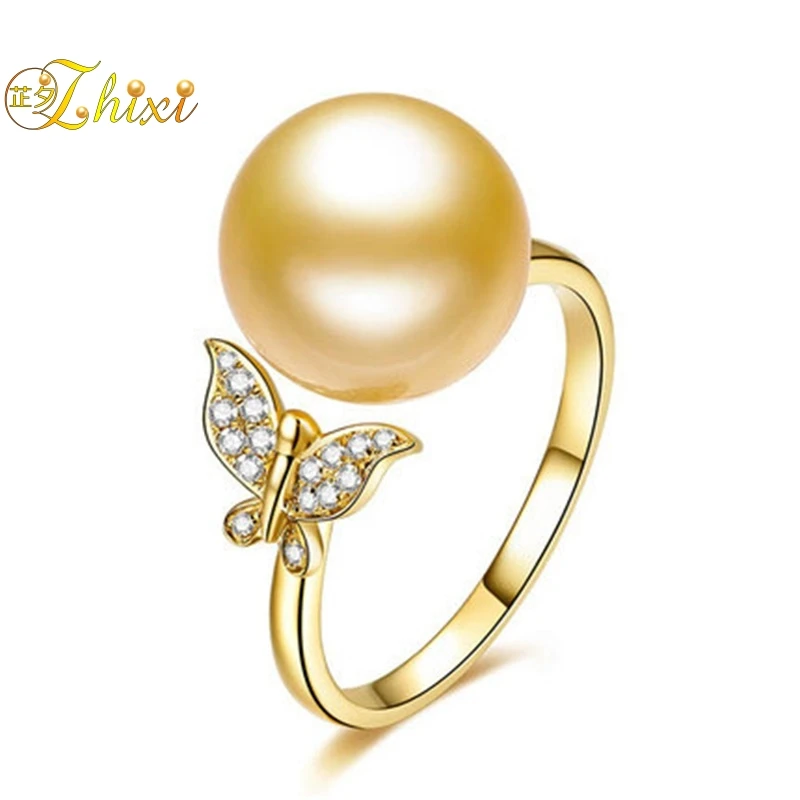 

ZHIXI brand Natural Southsea pearl RING,Excellent luster real 18k yellow gold au750 pearl butterfly ring for women female JZ186
