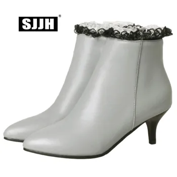 

SJJH Women Chelsea Boots with Point Toe Thin Heel Zip Short Plush Ankle Boots Fancy Lace Fashion Elegant Shoes Large Size Q488