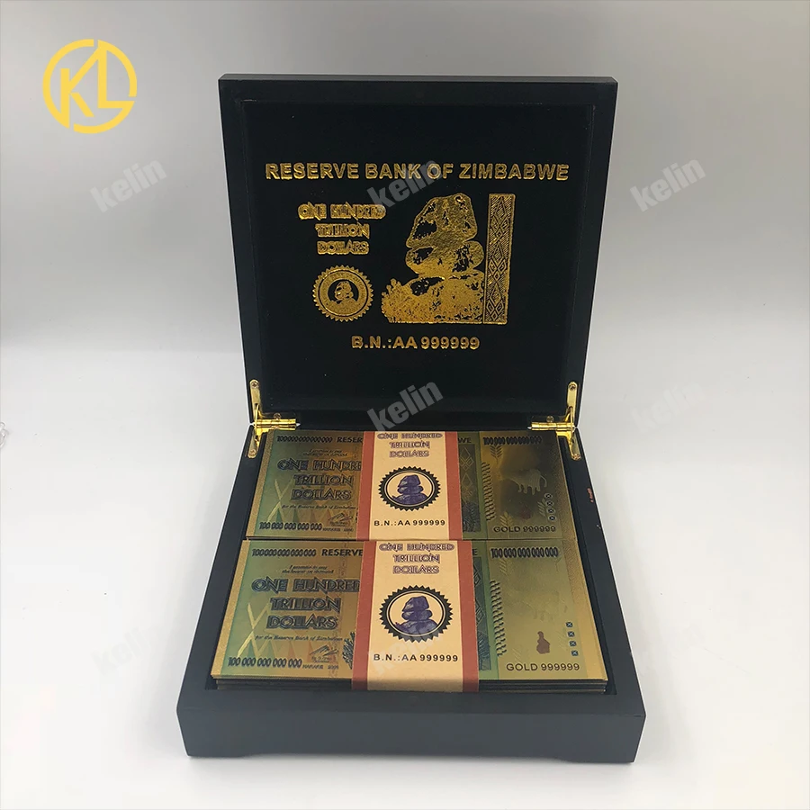 

KL 100pcs Plastic Gold Foil Money 100 Trillion Dollars Zimbabwe Banknotes with high quality Black Wooden Box for VIP Client