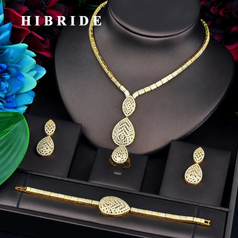 

Роскошные свадебные ювелирные наборы HIBRIDE из Дубая золотого цвета для женщин ожерелье серьги кольцо браслет ювелирные изделия аксессуары