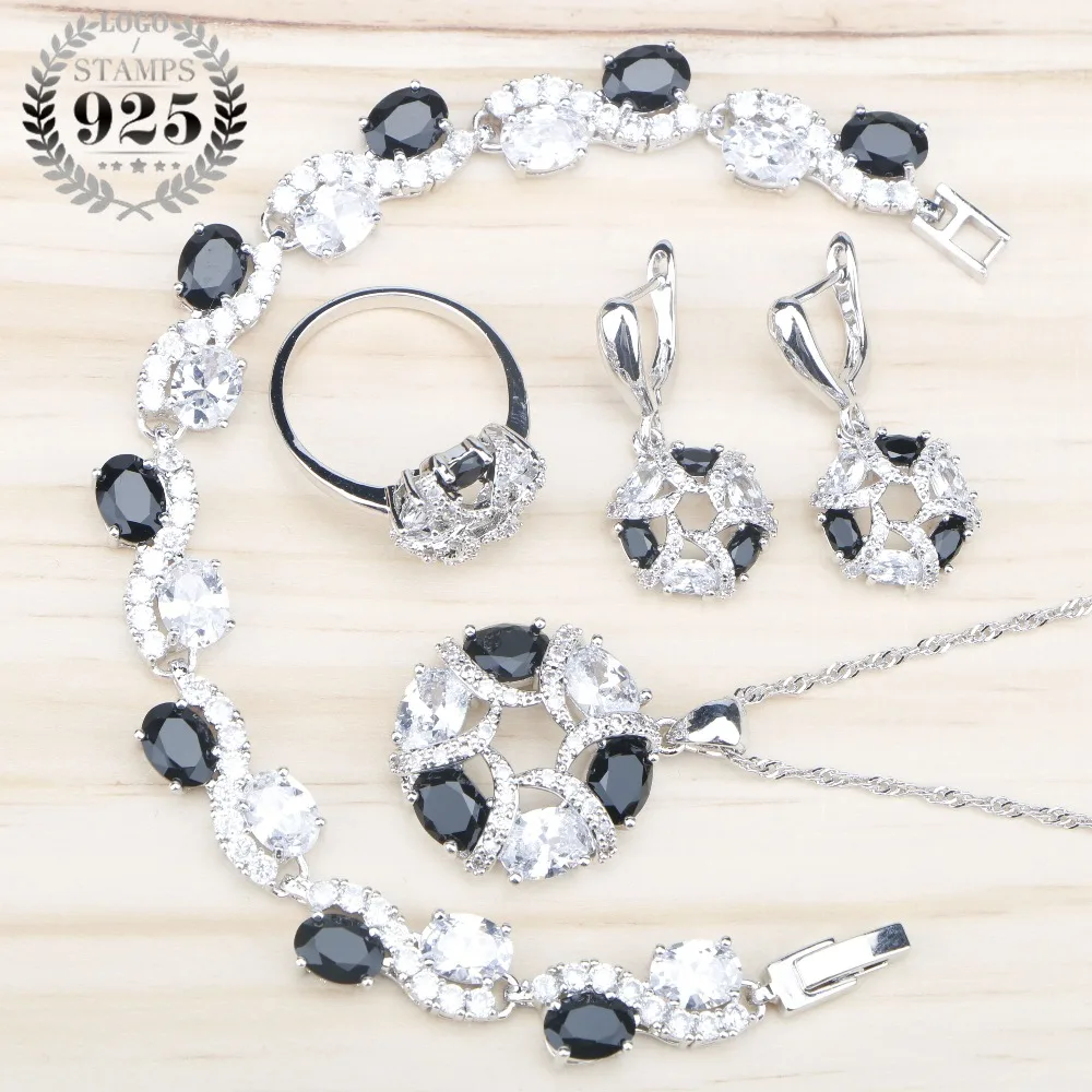 

Black Zircon 925 Sliver Bridal Jewelry Sets Bracelets Necklace&Pendant Earrings With White Stones Rings Set Jewelery Gift Box