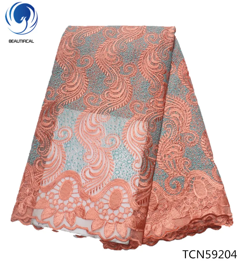 Красивые африканские кружевные ткани с вышивкой, кружевная ткань, красный нигерийский кружевной материал для женских платьев, 5 ярдов/партия, TCN592 - Цвет: TCN59204
