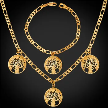 

Fashion Tree of Life Charms Pendant Jewelry Sets Women White Gold Color Charms Men Figaro Chain Necklace Bracelet Set NH2284