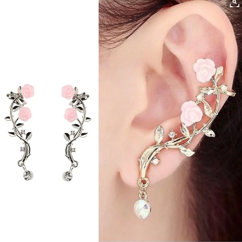 

1 Pair Elegant Flower Shape Rhinestone Ear Clip Gold & Sliver Color Boho Earring Ear Stud Rose Clip Earrings Women Stud Earrings