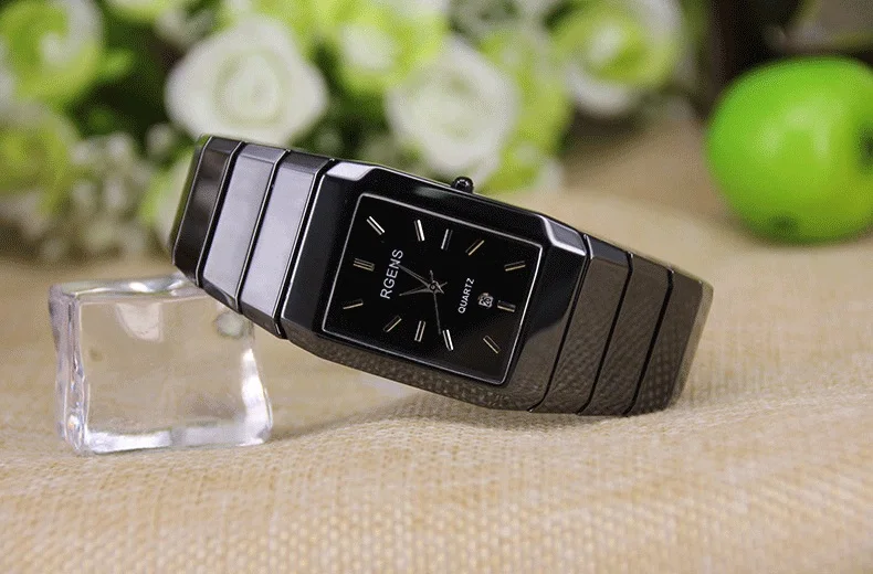 Мужские Керамические наручные часы, мужские черные белые кварцевые квадратные часы, деловые повседневные водонепроницаемые мужские наручные часы, бренд RGENS 5510