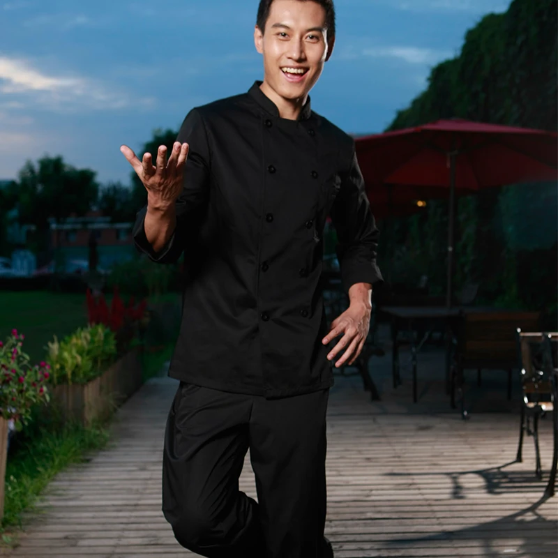 Мода ресторан гостинца кухня повар пиджак куртка форму черный двубортная пуговица полный рукав универсальный мужчин и женщин