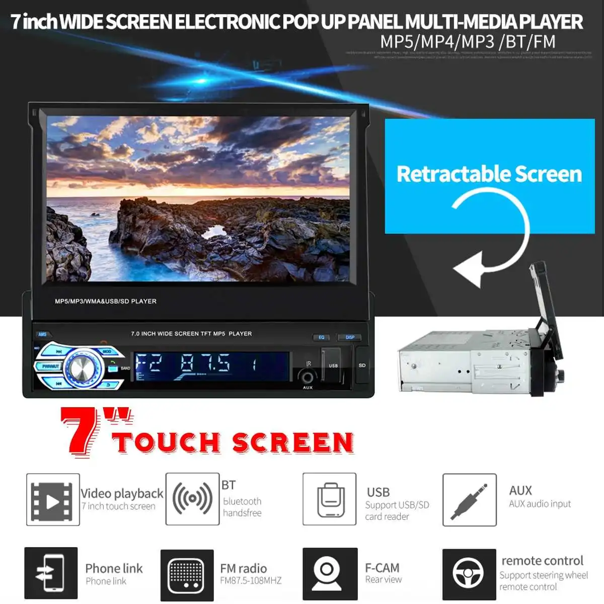 

Car Radio Universal 7" HD Touch Screen 1DIN Car Stereo FM bluetooth MP3 MP4 MP5 Music Audio Player 9601 1 din Autoradio