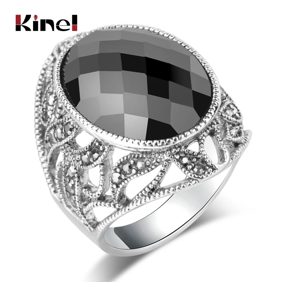 

Kinel Luxury Oval Black Stone Ring For Women Silver Color Hollow Crystal Flower Big Rings Wedding Party Jewelry
