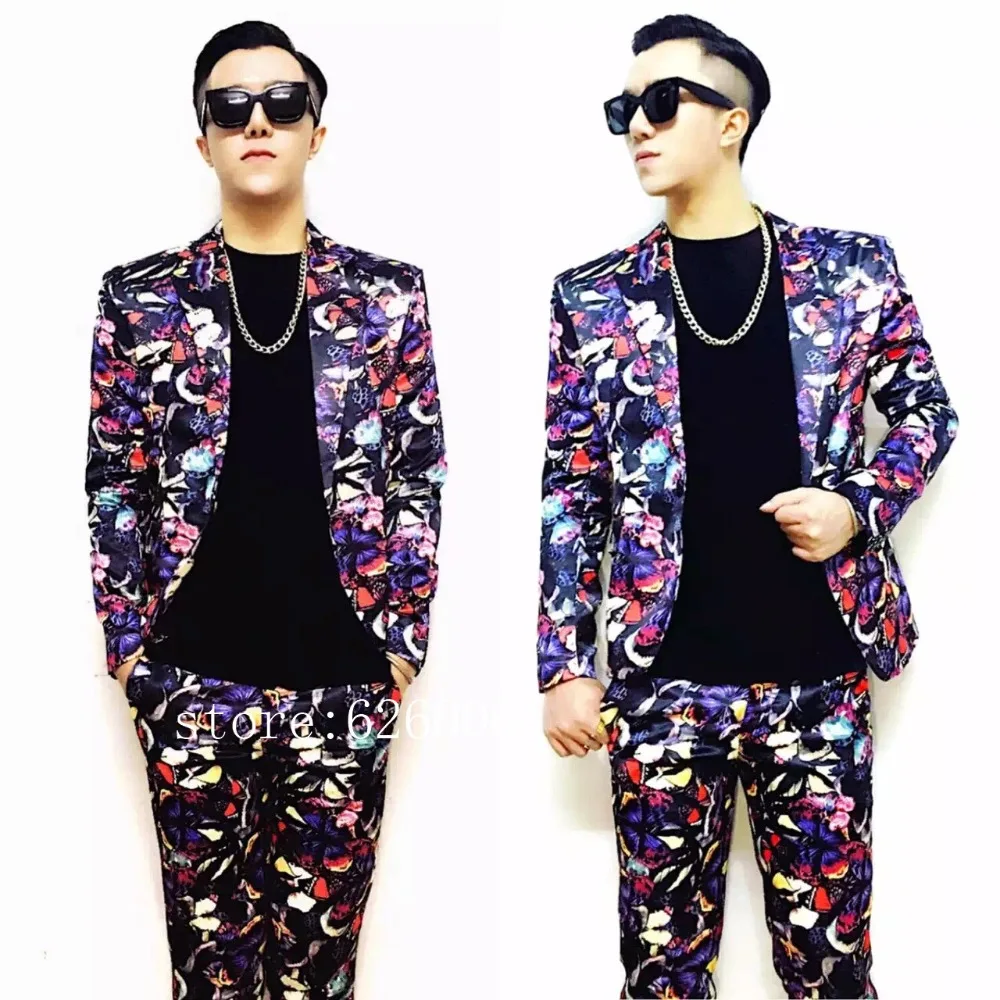 

New Personality Men's Fashion Butterfly Flower Printed Suit Costumes Nightclub Male DJ dragon GD styles male singer suits