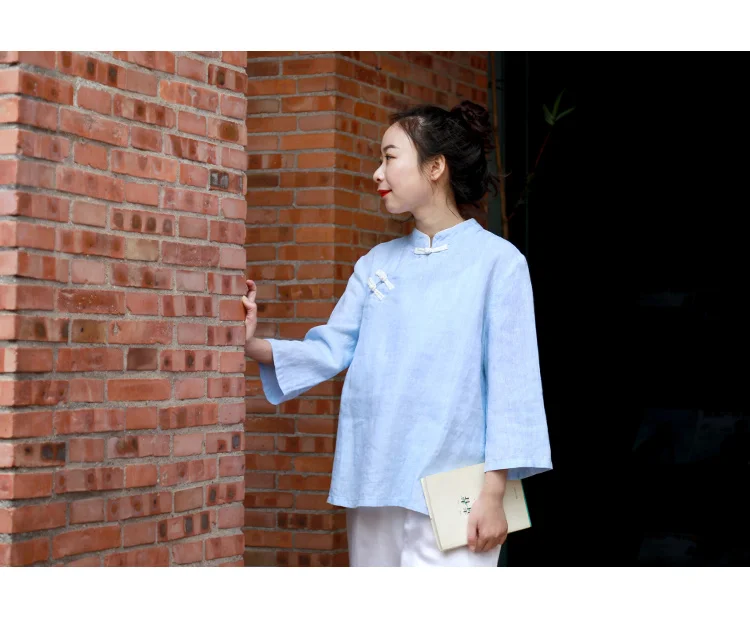 Women's Linen Chinese Style 34 Sleeve Blouse Qipao Top Shirt  (11)