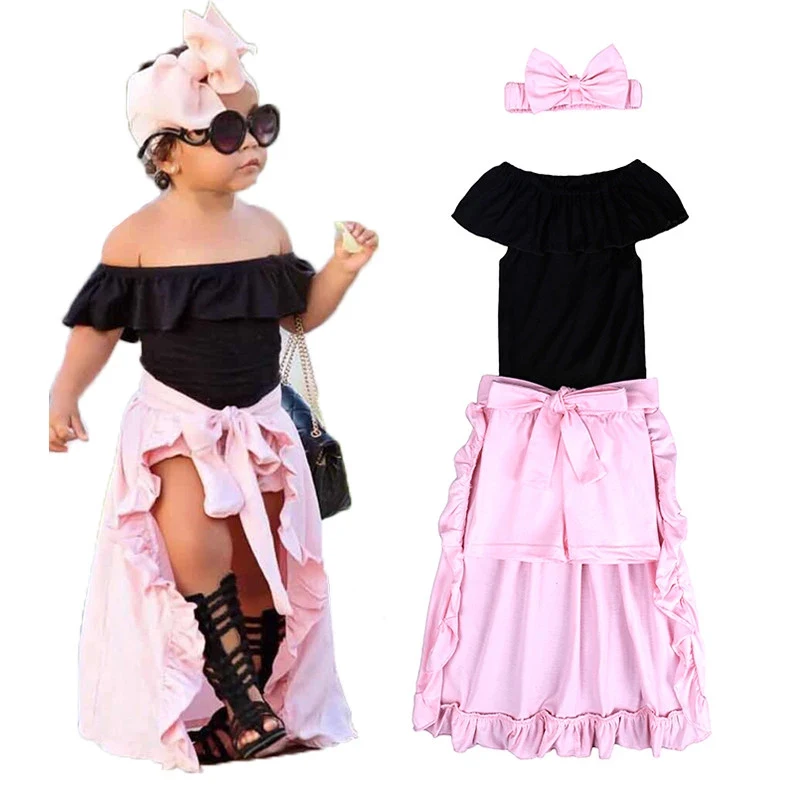 

New Summer Girls Clothes Set Fashion Tops T-shirt + Bow Headband + Shorts + Dress 4pcs Clothing Sets Kids Costume Crianca Roupas
