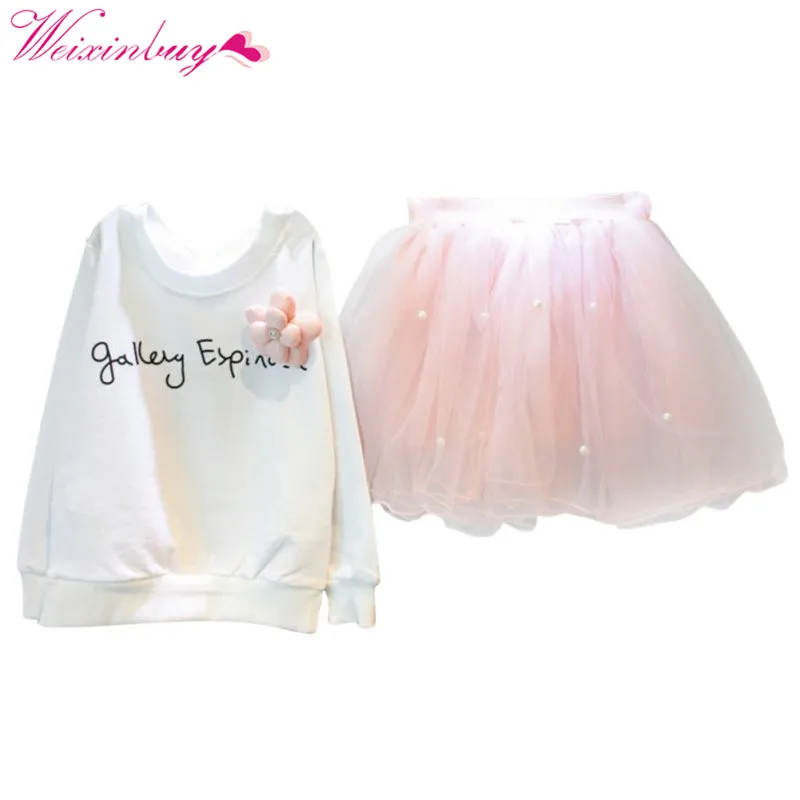 

Kids Girl Clothing Sets White Tee Shirt and Pink Skirt With Rhinestone Clothes Set Lovely
