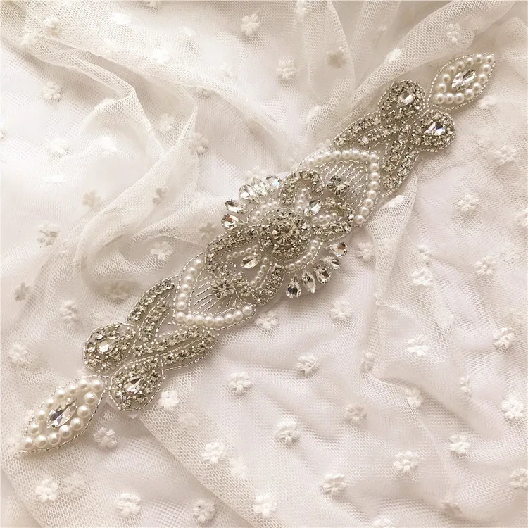 

Bridal Wedding Dress Belt Applique with Crystals and Pearls Handmade DIY Rhinestone Applique Patch for Wedding Sash by Sewing