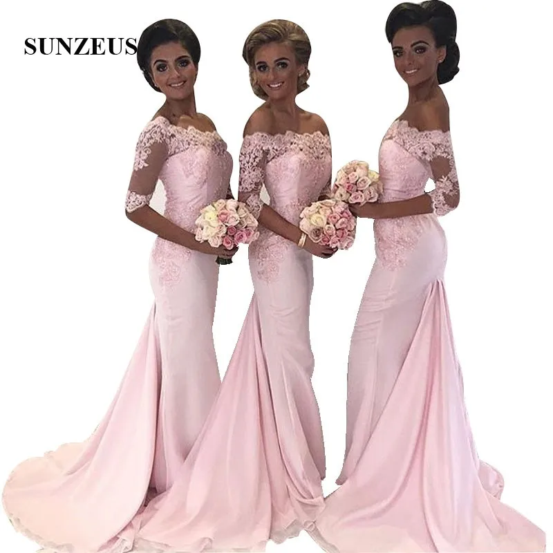 

2019 Pink Chiffon Bridesmaids Dresses Off Shoulder Half Sleeves Mermaid Maid Of Honor Dresses Appliques Wedding Party Gowns Long