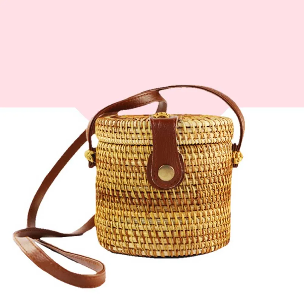 

2019 Women's Cane Bag Vietnam Pure Handcrafted Cane Single-Shoulder bag Oblique Mini Retro Art Weaving Leather Buckle Bags
