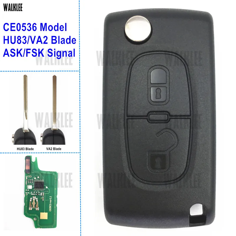 

WALKLEE 2 Buttons Remote Key Suit for Peugeot 207 208 307 308 408 Partner CE0536 Model HU83/VA2 Blade ASK/FSK Signal